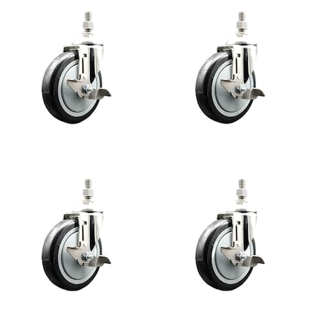 Service Caster 5 Inch 316SS Black Polyurethane Swivel 10mm Threaded Stem Caster Set Brake SS316TS20S514-PPUB-BLK-TLB-M1015-4